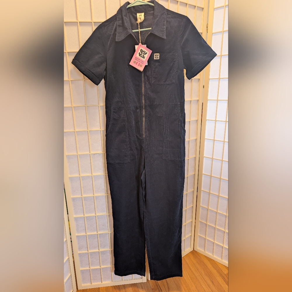 Lucy & Yak Navy Blue Short-Sleeve Ragan Corduroy Jumpsuit US 6, UK 10